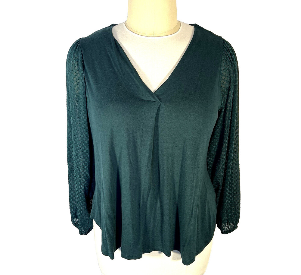 Lane Bryant - Women's 18/20 Blouse V-Neck Forest Green Checkered Balloon Sleeve